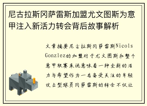 尼古拉斯冈萨雷斯加盟尤文图斯为意甲注入新活力转会背后故事解析