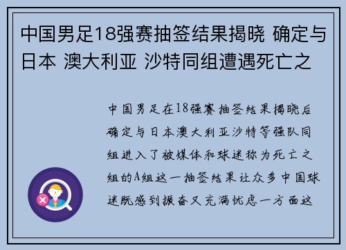 中国男足18强赛抽签结果揭晓 确定与日本 澳大利亚 沙特同组遭遇死亡之组 中国男足18强赛抽签结果揭晓 确定与日本 澳大利亚 沙特同组遭遇死亡之组